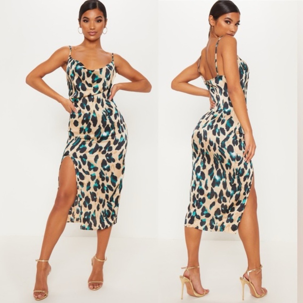 PrettyLittleThing Strappy Satin Leopard Print Cowl Midi Dress Size 4 NWOT